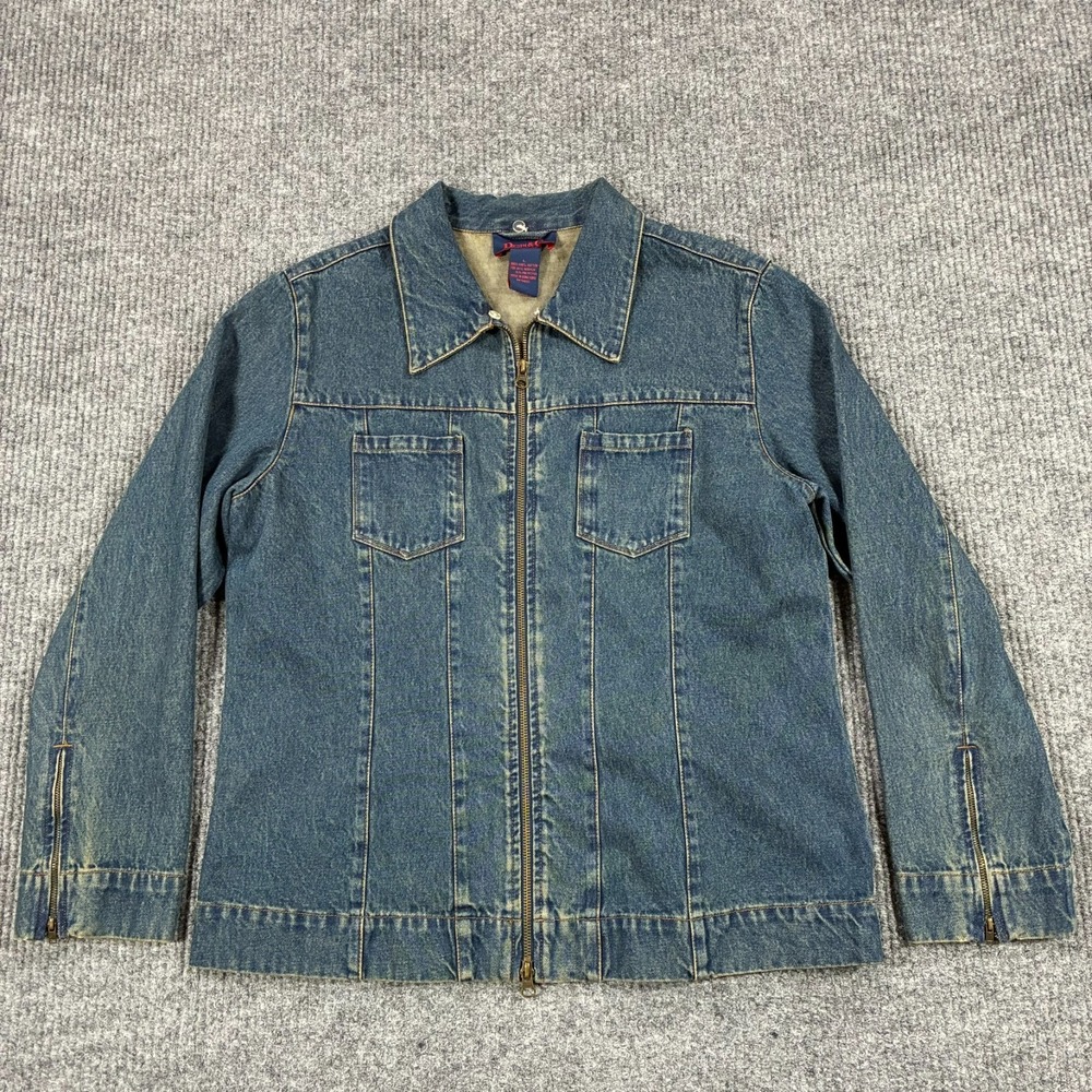 Vintage 90s Denim & Co Mens Size L Blue Denim Zip Front Trucker Jacket Hong Kong